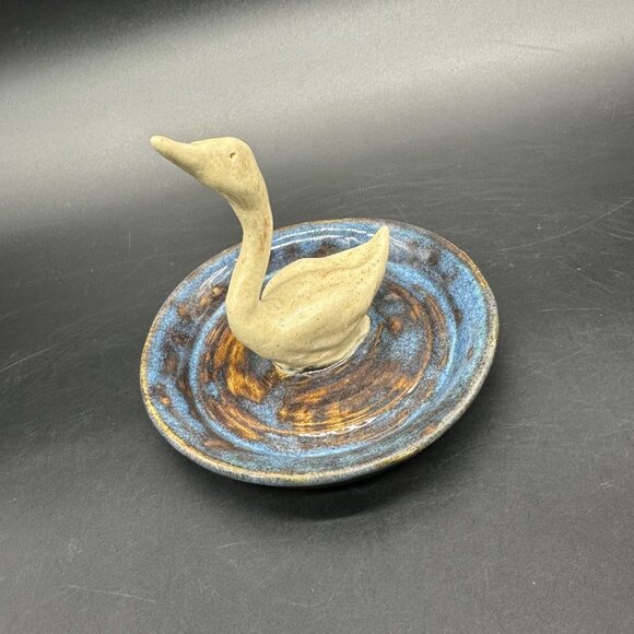 Art Pottery Swan Ring Dish Trinket Holder Bird Figurine Jewelry Blue Signed - Picture 1 of 10